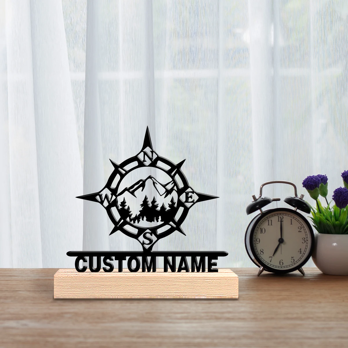 A nostalgic retro custom item Mountain Peak and Compass Iron handicrafts wooden base table decoration Complex wooden foundation