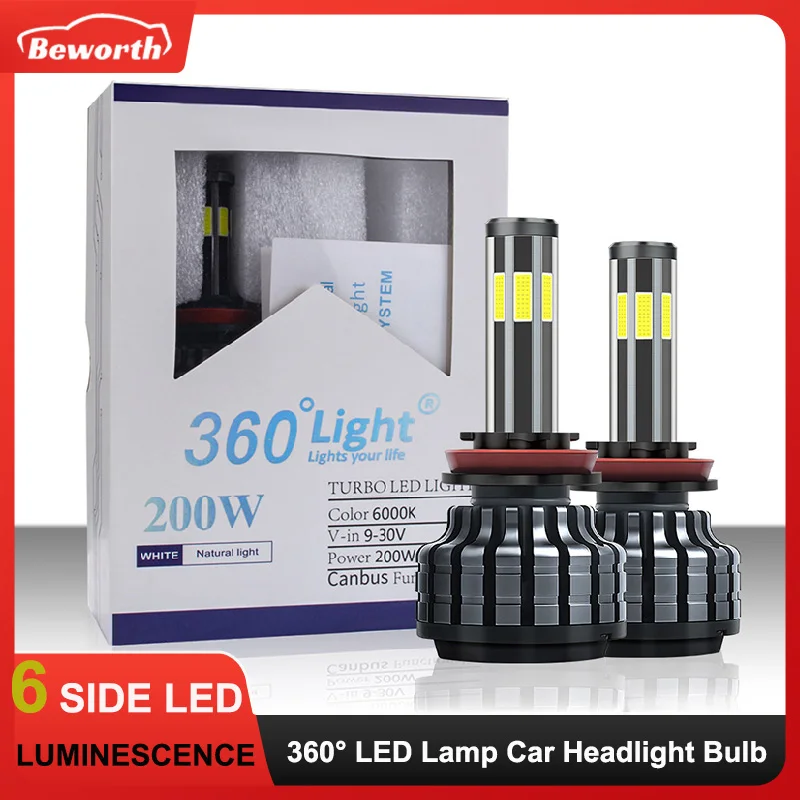 2PCS Car LED Headlight 6 Sides Light 360 Degree Glow Auto Headlight White Pale Lights Bulds H1 H3 H7 H11 H9 H27 Super Brightness