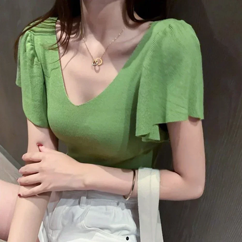 

Fashion Butterfly Sleeve Knitted Shirt Women V-Neck Sweater Pink White Green Short Sleeve Tees Girl Ruffle Edge T-Shirt Female