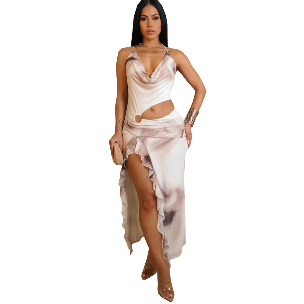 2025 New Fashion Printed Waist Slim Fit Ruffle Dress  Women Summer Sexy Elegant Irregular Hollow Sleeveless Dresses For Women