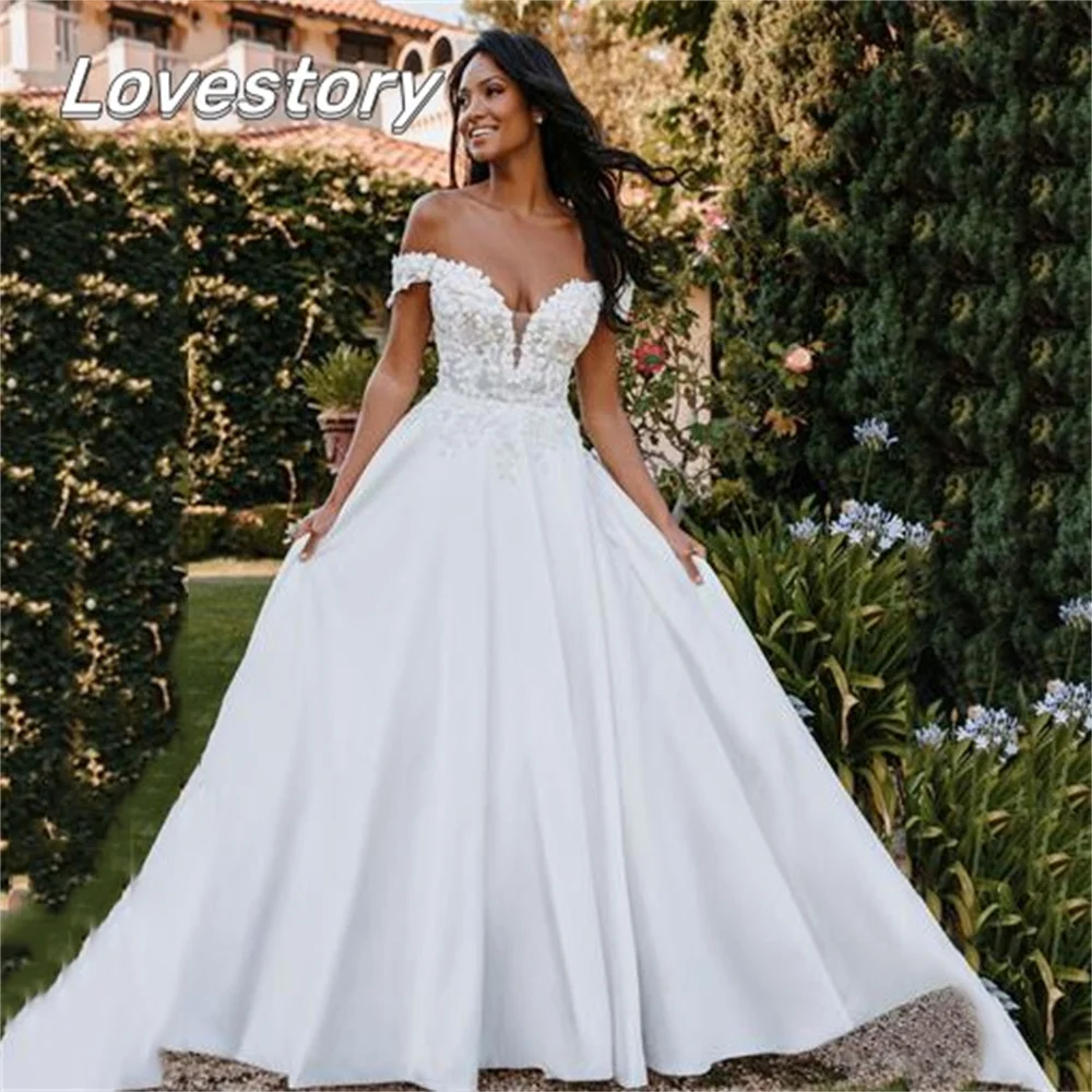 Charming A-Line Wedding Dresses Sleeveless Bride Robe Sweetheart Bridal Gowns Backless Off The Shoulder Lace Vestidos De Noiva