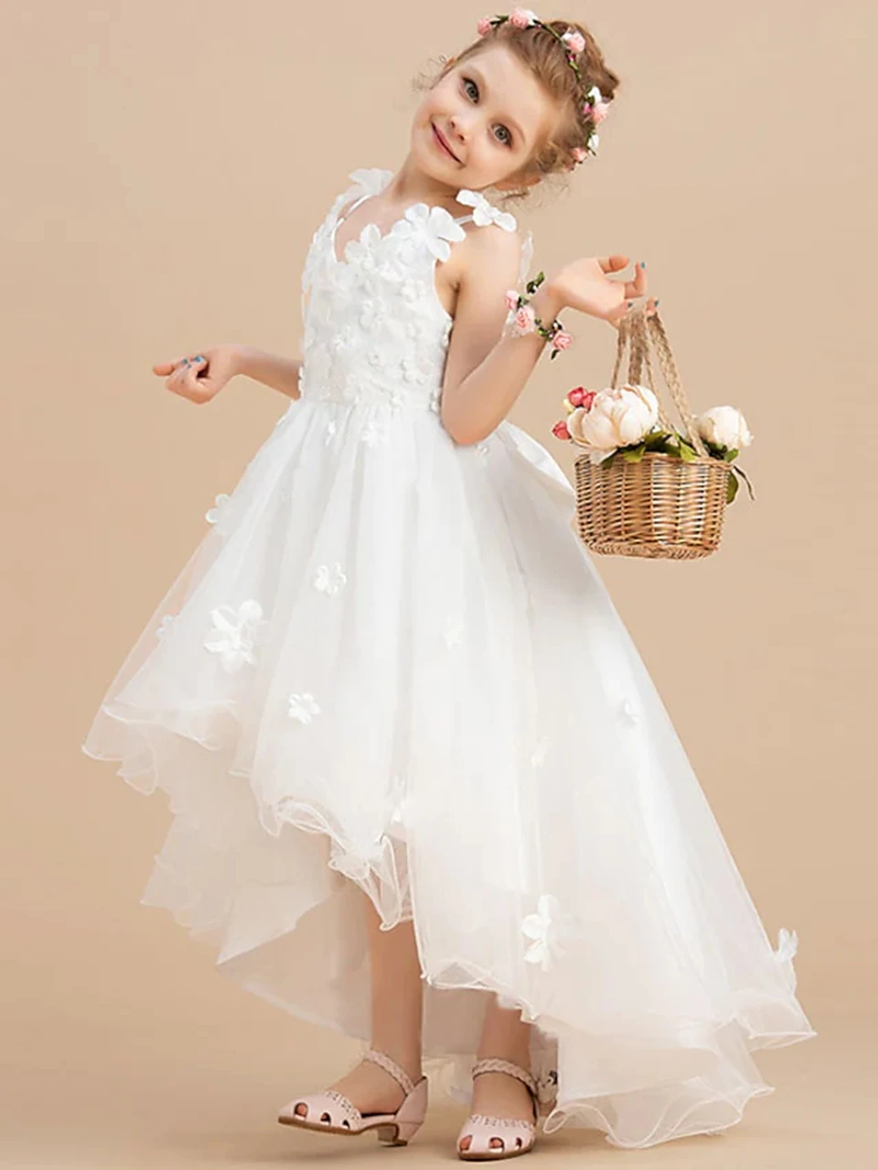 White Flower Girl Dresses Tulle Lace Appliques Party V-neck Suspenders Ball Gown Elegant First Communion Beauty Pageant Wear