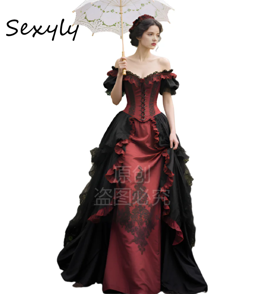 

Noblewoman Gothic Bustle Evening Dress Red With Black Lace Renaissance Victorian Prom Dress 2026 Off Shoulders Vestio De Novias