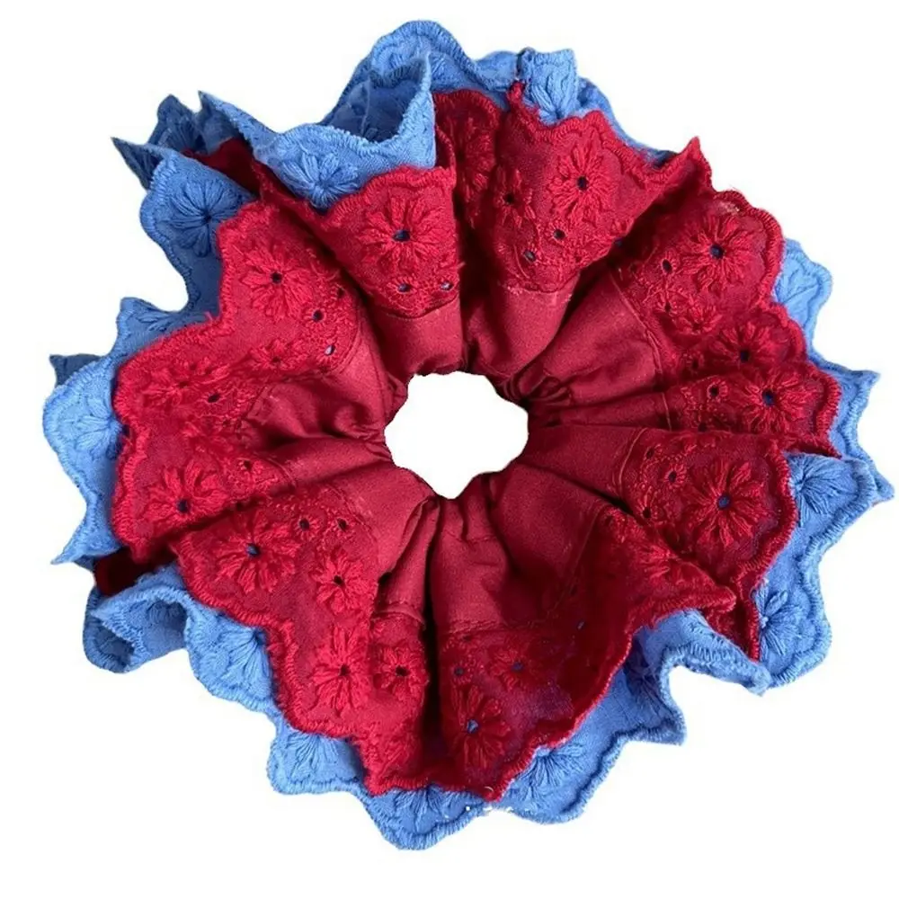 Exquisite Flower Shape Lace Scrunchies Cloth Red Blue Embroidery Large Hair Scrunchies Hollow Oversize Elastic Hair Bands Party