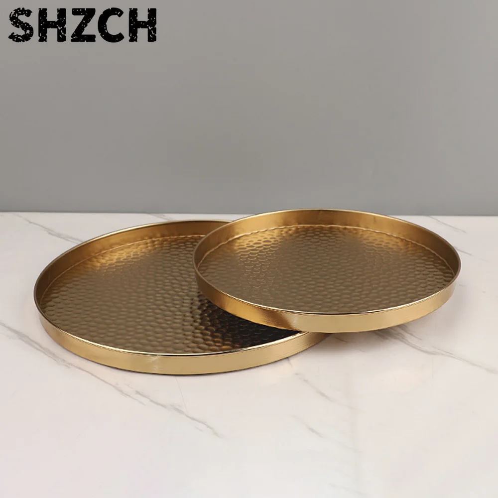 European Creative Hammered Metal Tray Jewelry Desktop Storage Gold Silver Round Ornament Coffee Table Kitchen Counter Decor