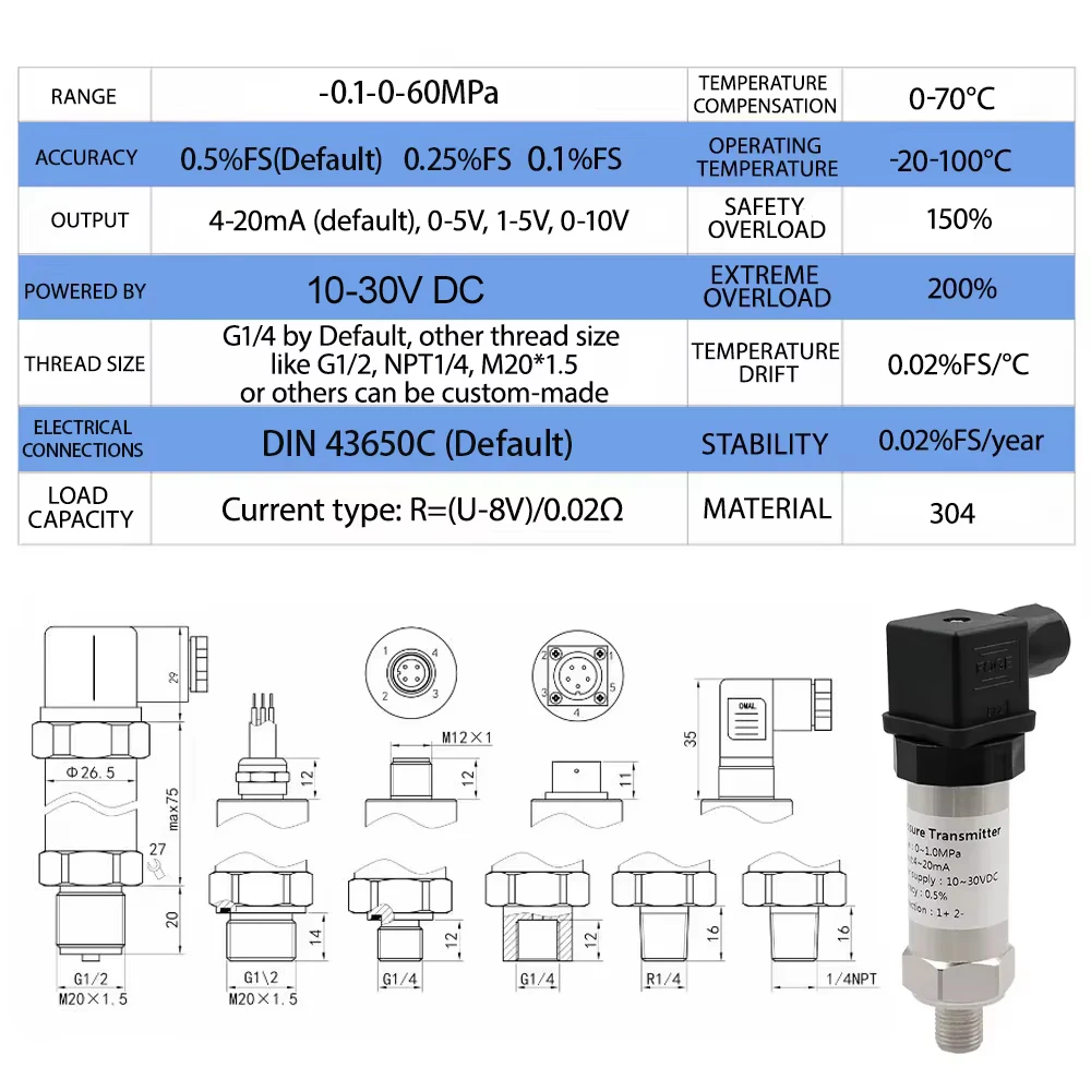 4-20mA 0-5V 0-10V RS485 Output -1-400Bar G1/4 Vacuum Pressure Transmitter Transducer Sensor Controller 0.5% FS High Precision