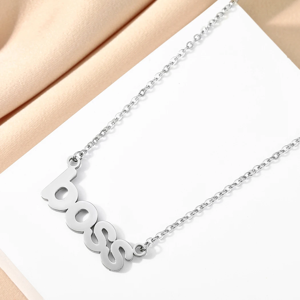 CHENGXUN Hollow Boss Pendant Necklace for Women Girls Stainless Steel English Words Charm Neck Chain BFF Jewelry Gift