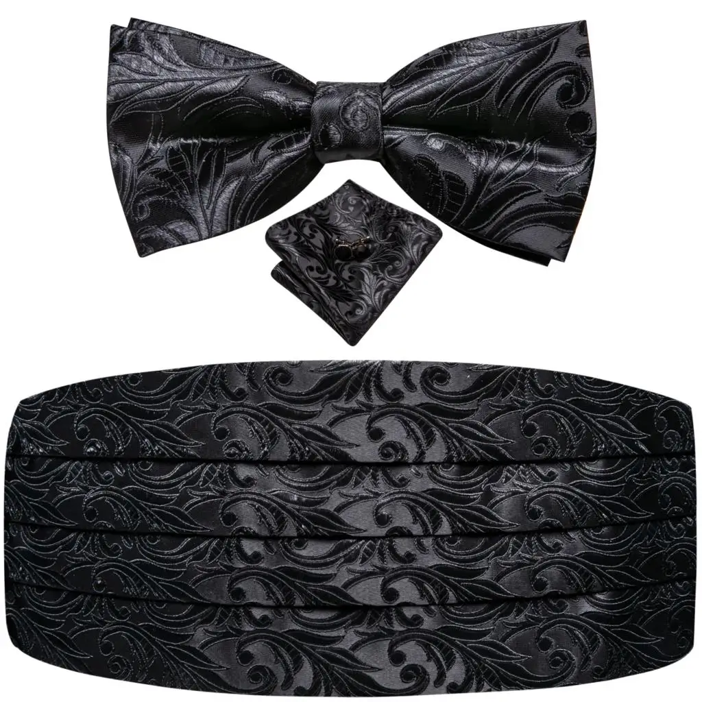 Black Silk Mens Cummerbunds Vintage Formal Jacquard Floral Bowtie Hanky Cufflinks Belt Corset For Male Wedding Prom Banquet Gift