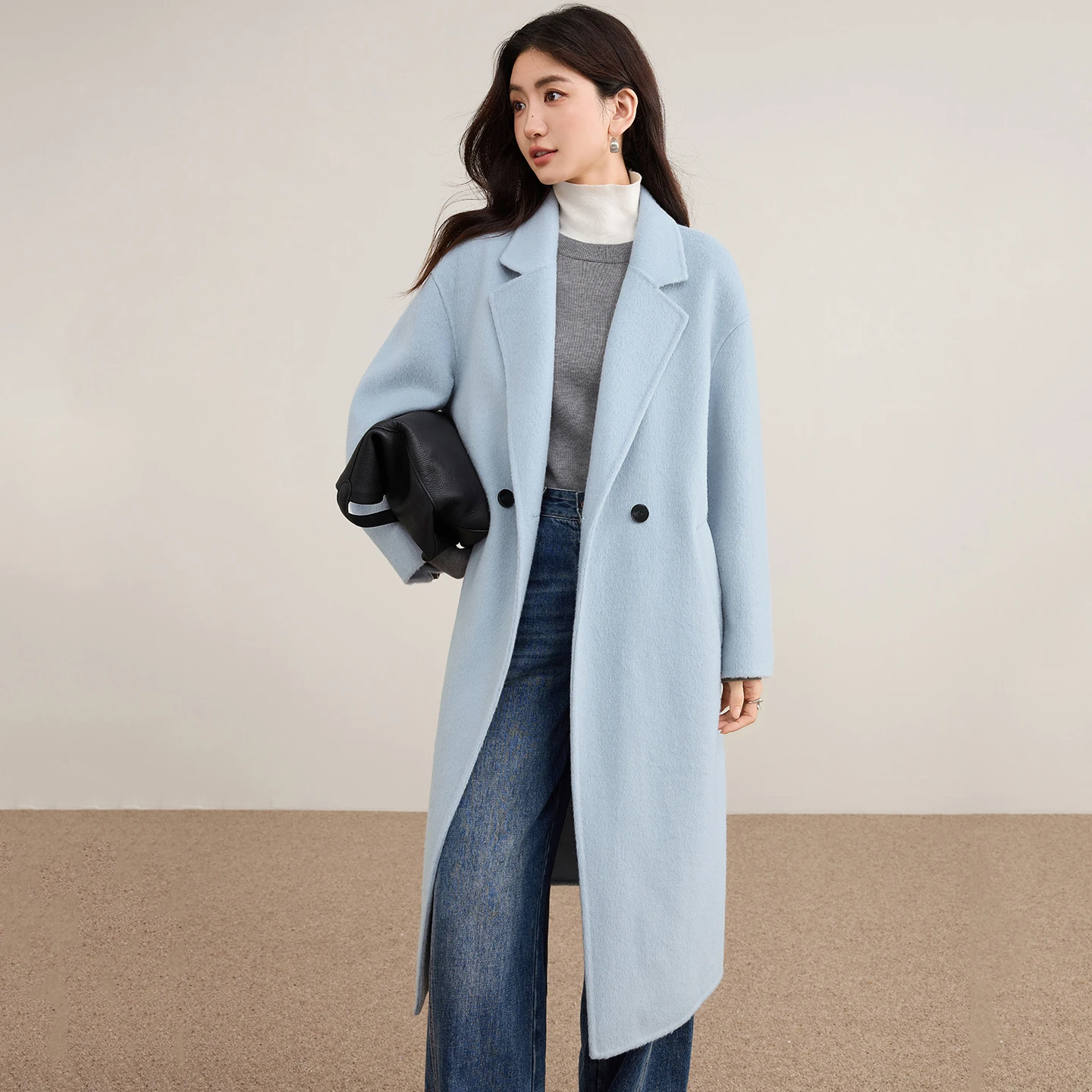 SENTUBILA Damesjas van 100% wol met dubbele gezicht Winter 2025 Pak Reverskraag Klassieke commuterstijl Lange overjas W54OA8779