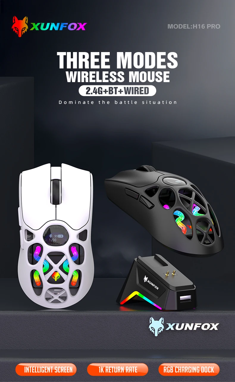 XUNFOX H16PRO Mouse, lightweight S205, Three-Mode Wireless Bluetooth Mouse for Gaming, Charging, RGB Lighting, Suitable for P