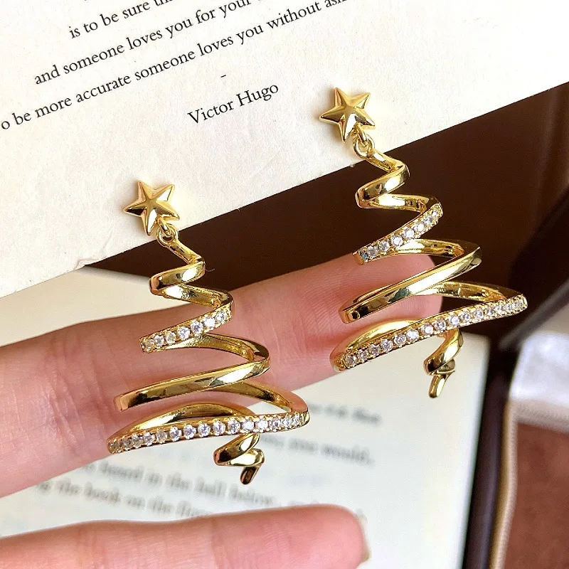 Kreative goldene Linien-Weihnachtsbaum-Ohrhänger für Damen, modische Stern-Ohrringe, Accessoires, Schmuck, Mädchen-Geschenke, Party, Freizeitkleidung – Detail 12