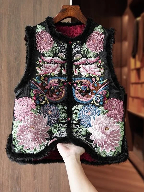 

New Chinese Style Heavy Industry Autumn Winter Embroidered round Neck Water Rabbit Fur Vest Retro Women's Jacket Commute Style