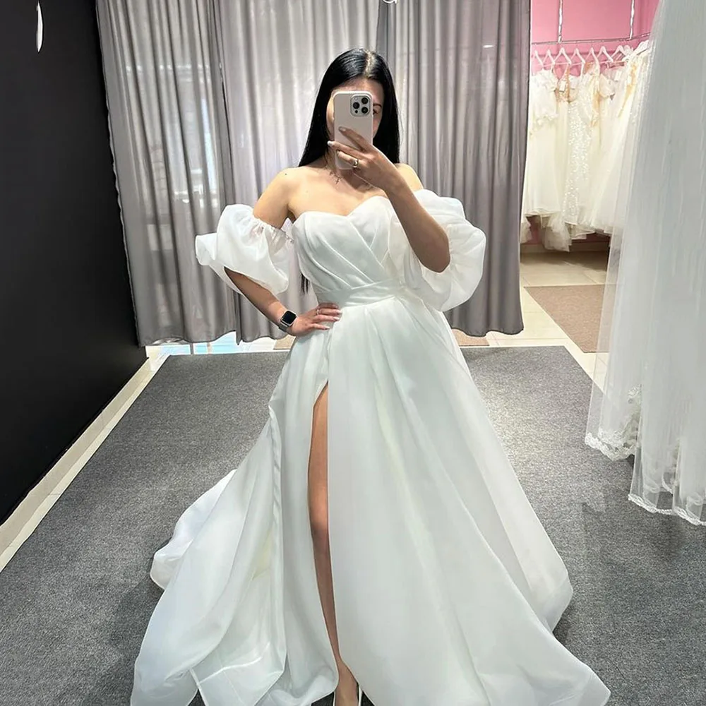 

Msikoods Simple A-Line Organza Wedding Dress For Women Off The Shoulder Side Split Long Bridal Gowns Bespoke Vestido De Novia