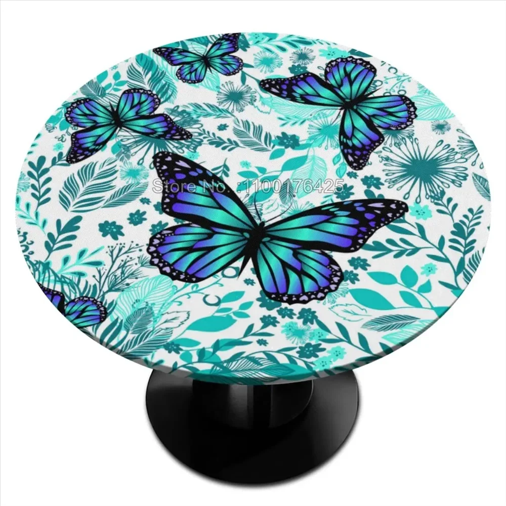Colour Floral Butterfly Round Fitted Tablecloth Elastic Table Cover Waterproof Dining Table Cover for Indoor Outdoor Decor