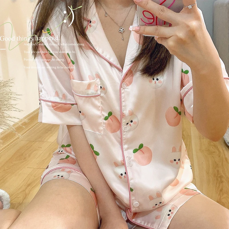 Sweet Y2k Honey Peach Short Summer Pajamas Women Cartoon Cute Kawaii Rabbits Female Housewear 2024 New Fashion Trendy Sleepwear