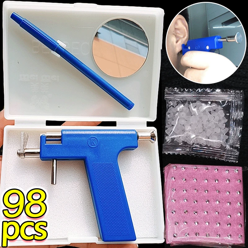 98PCS Pro Ear Body Nose Navel Lips Tongue Piercing Gun Machine Supply Tool Kit Set Ear Studs Healthy Safty Sterile Piercer