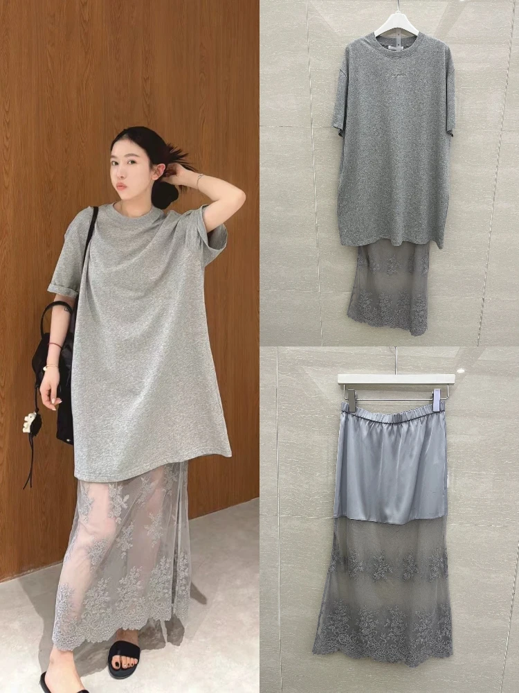 

Повседневная свободная футболка с вышивкой и юбкой, летняя кружевная юбка длиной f, ансамбль Sweat-ng ort Sve round Ne Design