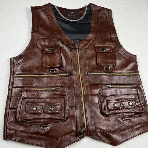 Imagen 2 del producto Chaleco de cuero genuino de piel de vaca, ropa masculina, chaqueta gruesa para motocicleta, chaleco de seguridad de cuero con múltiples bolsillos para motorista JJ134