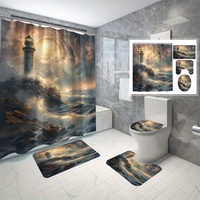 4-piece lighthouse print bathroom decor, polyester fabric, shower curtain, non-slip mat, U-shaped mat, toilet mat