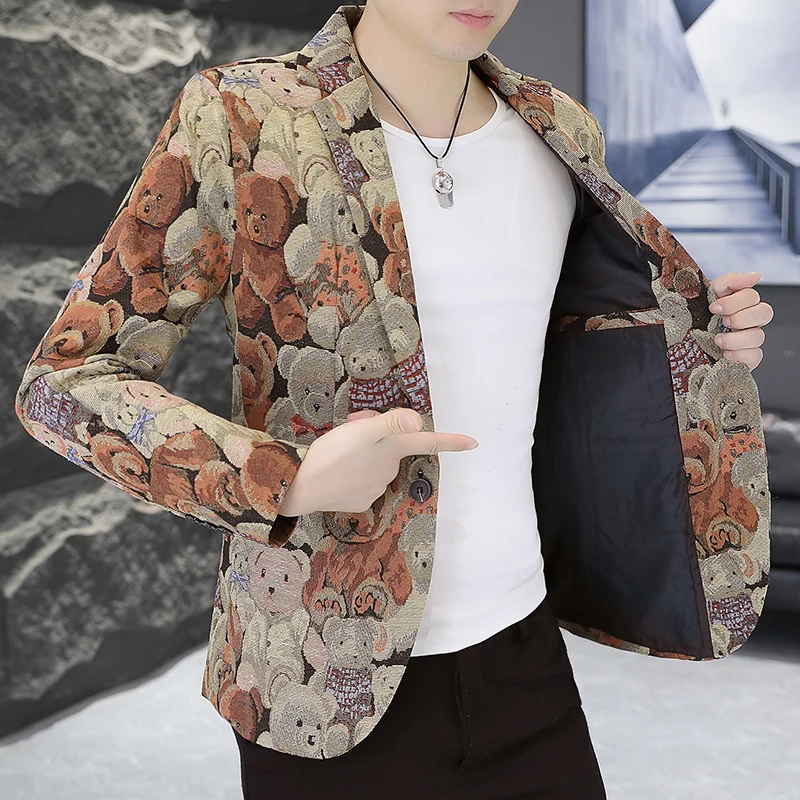 High Quality Blazer Men's Korean Version Trend Casual Elegant Fashion High-end Simple Bear Print Gentleman Suit Jacket