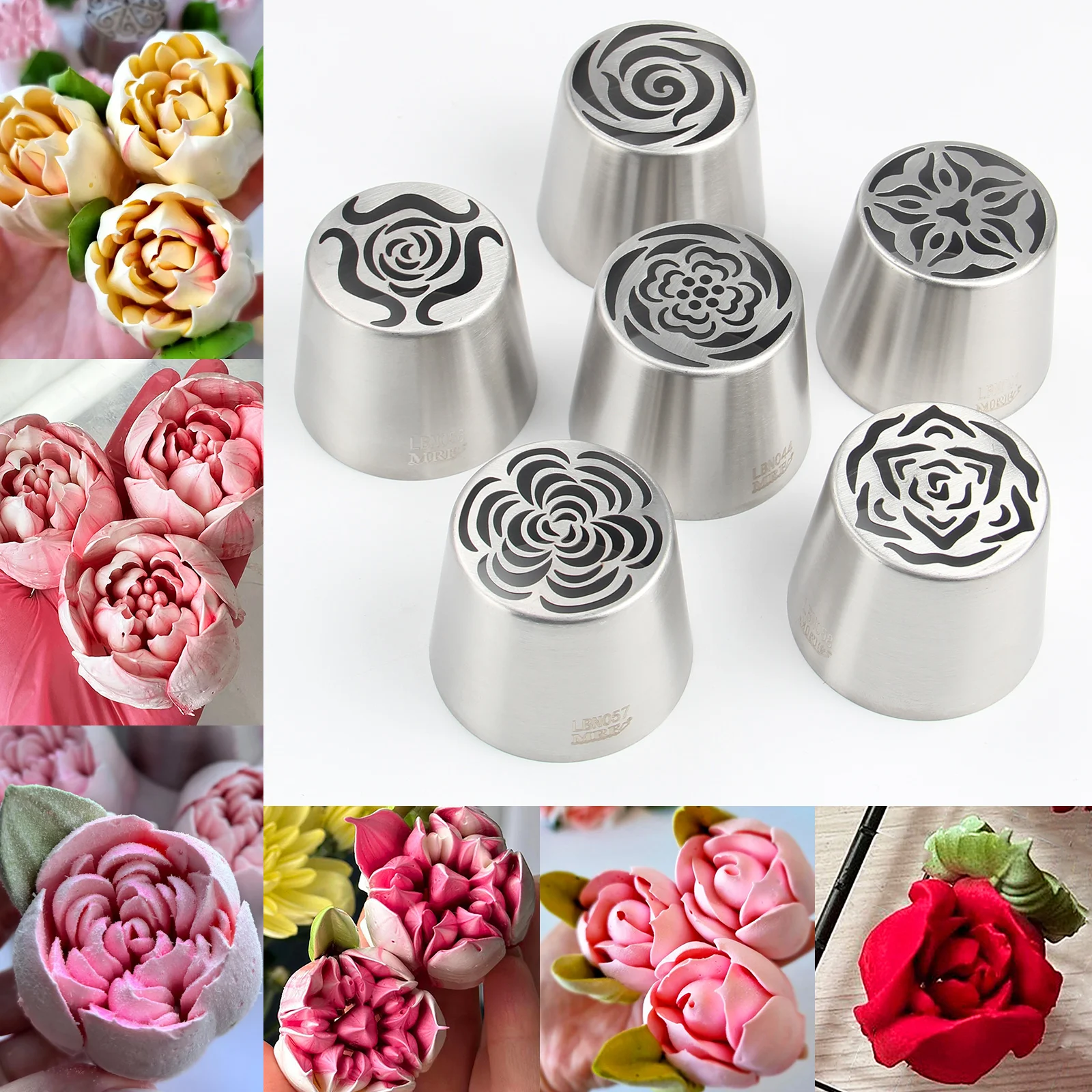 6pcs Extra Large Russian Marshmallow Framing Nozzle Set, Stainless Steel Rose Tulip Cake Decoration DIY Baking Tools (6A)