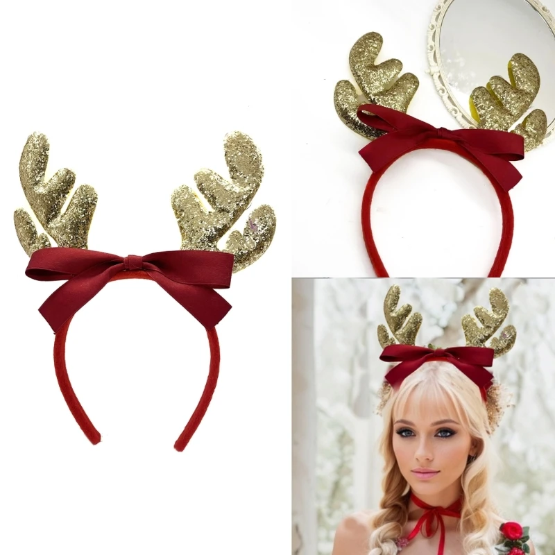 Christmas Theme Headband Festival Elk Antler Bowknot Hairhoop Seasonal Headwear Holiday Celebration Festival Headpiece