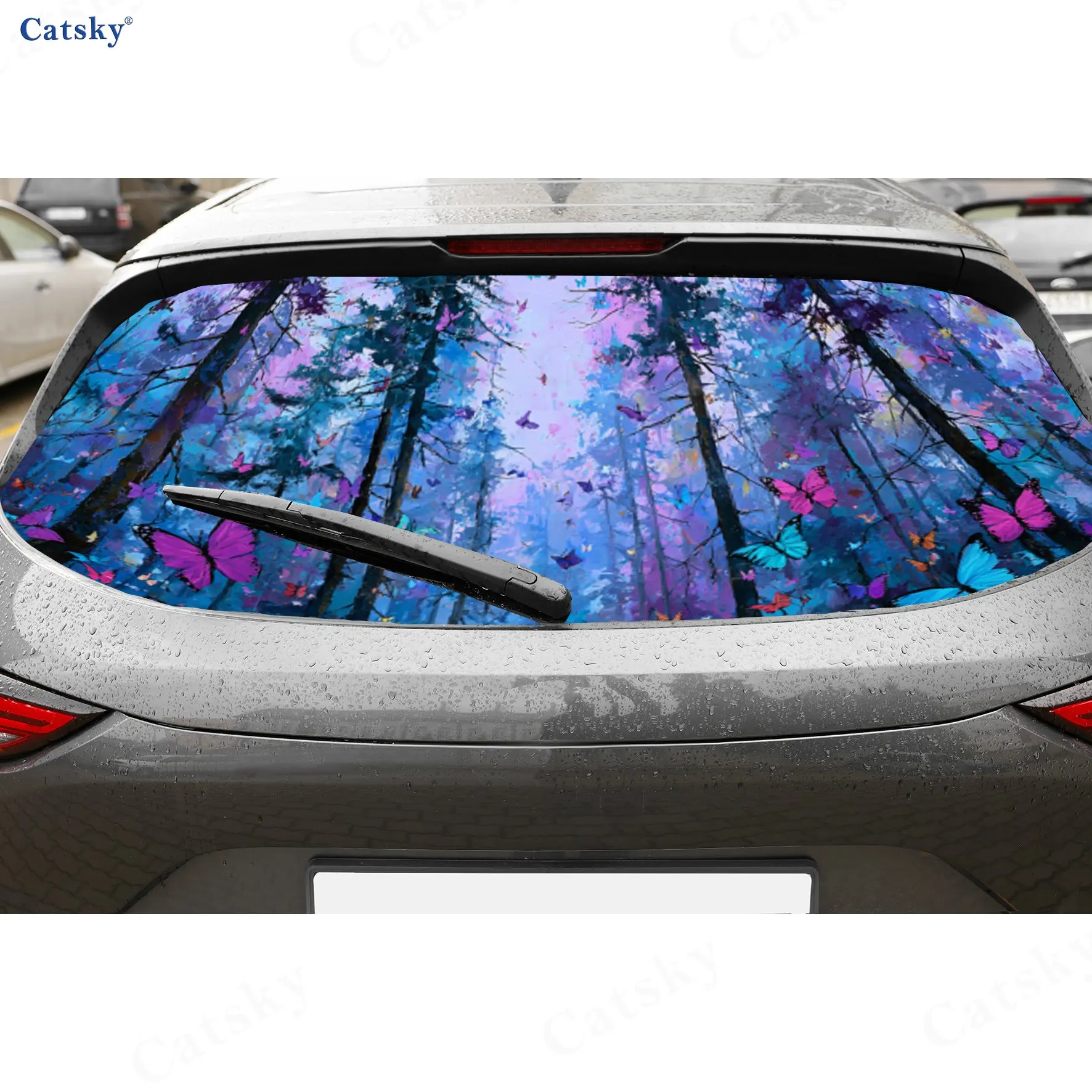 

Colorful Forest Butterfly Art Natural Pattern PVC Perforated Car Vinyl Wraps, Durable Car Rear Windshield Sticker, Waterproof Ca