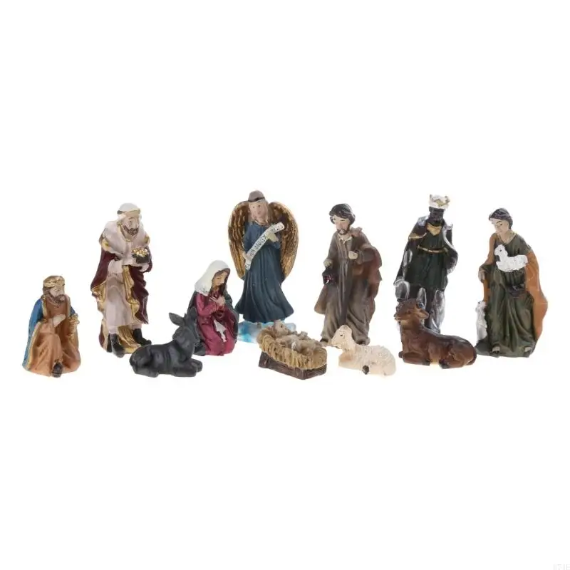 E74E 11pcs Christmas Decoration Nativity Scene Set Mini Resin Manger Ornament Baby Jesus Statue Figurines Tabletop Decor