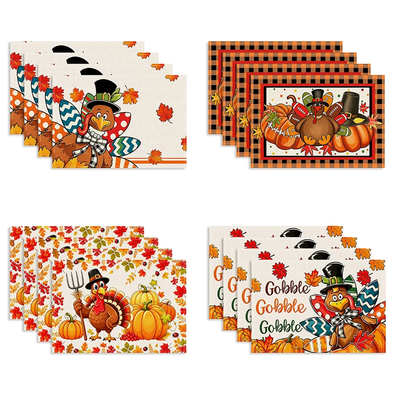 4/6pcs autumn cartoon turkey pumpkin printed placemat, non slip, heat-insulating, durable, autumn Thanksgiving table decoration