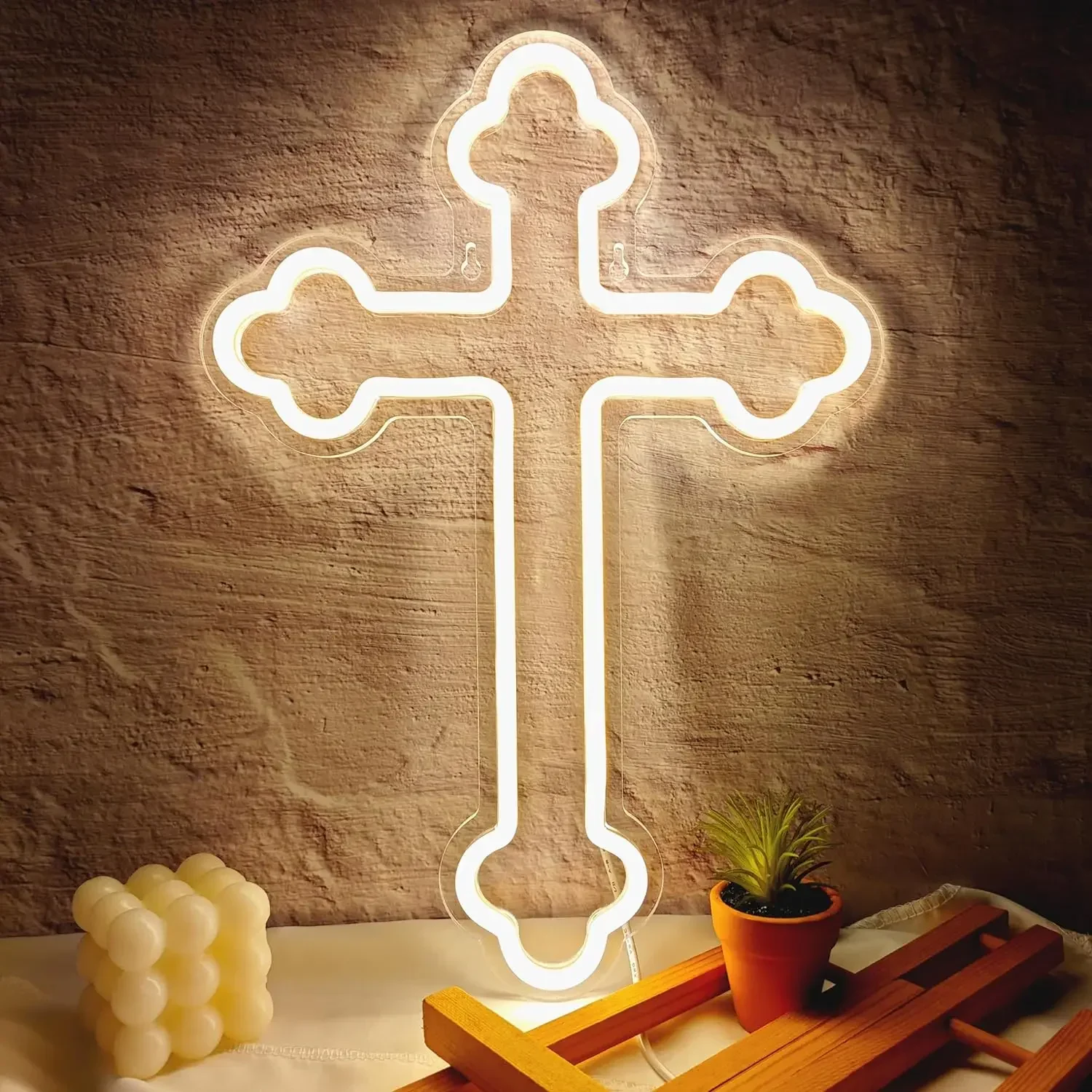 USB Dimmable White Glow Neon Cross Sign LED Wall Art for Home Church Prayer Room Decor Spiritual Symbol of Faith Unique Gift
