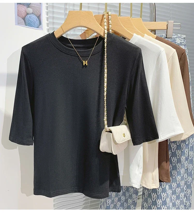 zjaiss 2026 Frühling Herbst Baumwolle Damen T-Shirt Modisches Basic Rundhals-Shirt Einfarbiges Damen Kurzarm-Oberteil – Detail 12