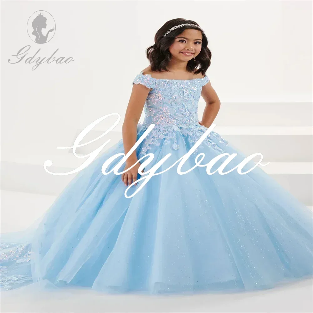 Blaue Applikation Blumen mädchen Kleider für Hochzeit Spitze Tüll Pailletten geschwollenen flachen Kragen elegante Kinder erste heilige Kommunion Ballkleid