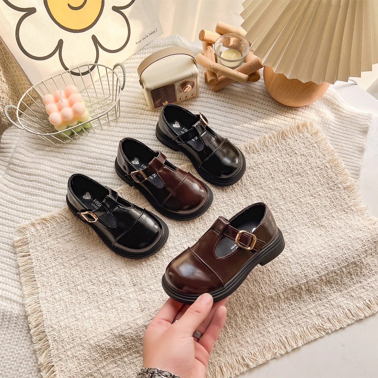 Spring Girl's Leather Shoes Sewing Hook-loop Daily Chic Kid's Flat Shoe Black Brown Anti-slip Glossy School Children Shoes 7-12Y