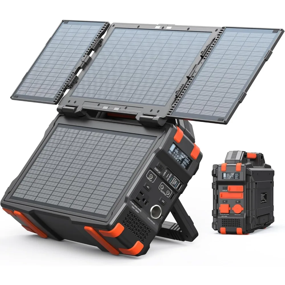 Portable Power Station with Hidden Folding Solar Panel, Self-charge & Pass-through Charging, 284Wh Battery Backup, AC 300W