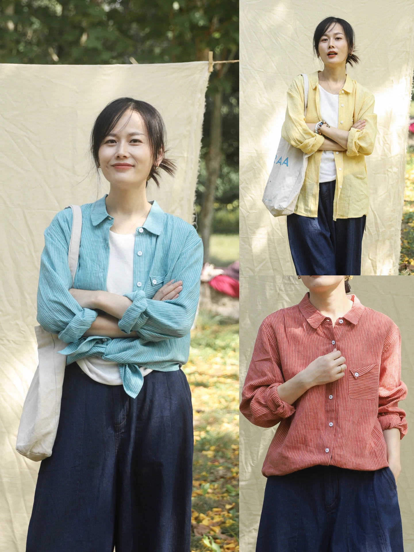 

Женская повседневная рубашка из льняной ткани с яркими полосками, маленьким воротником и длинными рукавами, в художественном стиле, новинка весеннего сезона, Autumn Wheat Valley