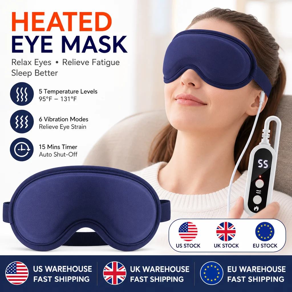 Heated Eye Massager Sleep Mask with 5 Heat Settings & 6 Vibration Modes – 3D Contoured Blackout Mask, 15-Min Smart Timer, USB-C Rechargeable for Dry Eyes, Eye Strain, Migraine & Sleep Relief