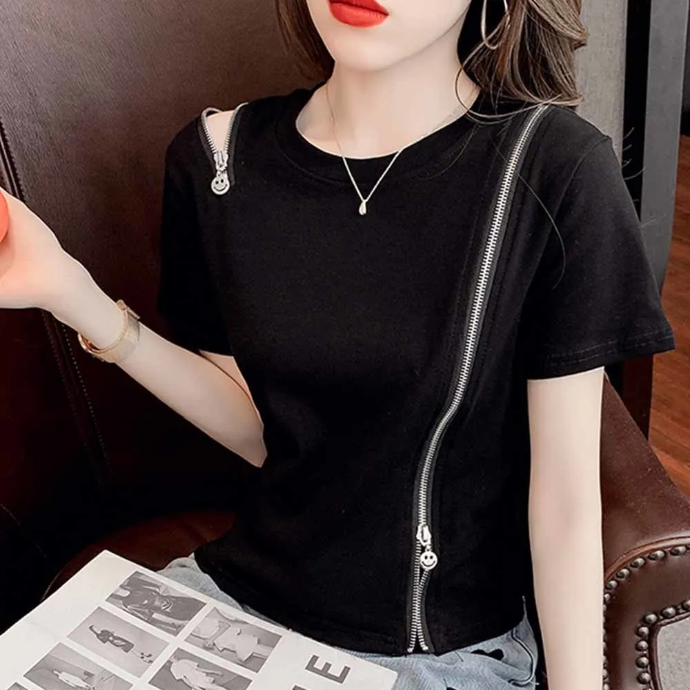 Summer Black White Green Streetwear T-shirt Women With Zipper Sexy Short T Shirt Femme Cotton Skinny Womens Tee Shirts