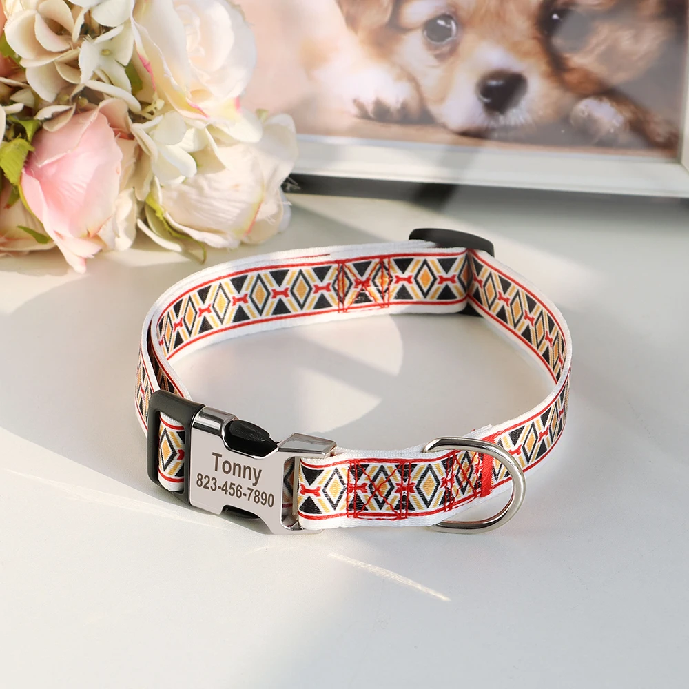 Personalized Fashion Dog Collar Nylon Flower Print Puppy Pet Collars Customized ID Collars for Small Medium Large Dog Chihuahua