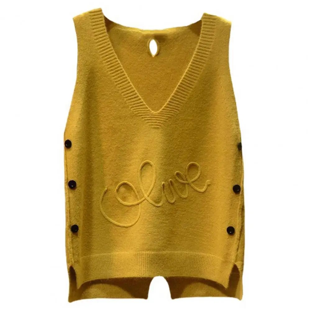 

Women Vest V-Neck Side Buttons High Low Hem Knitting Sleeveless Sweater Pullovers Loose Tops