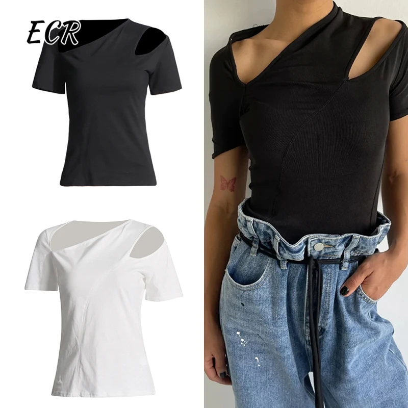 ECR Sexy Hollow Out T Shirts For Women Diagonal Collar Short Sleeve Slimming Solid Casual Shirts Female Fashion Clothing Style