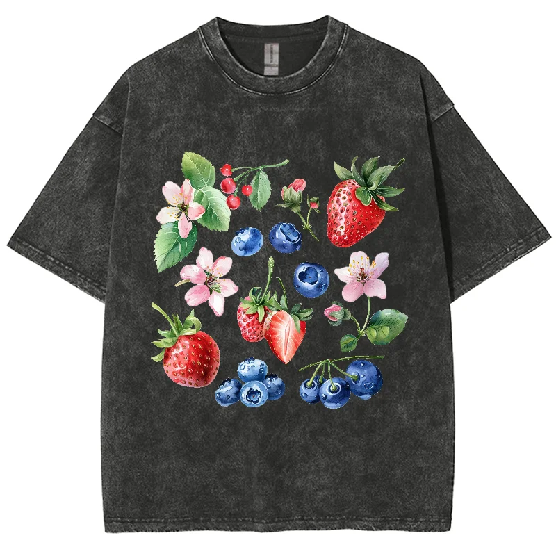 

Summer New Women's T-Shirt Y2K Women's Clothing Sales 2024 Oversize Fruit Print Faux Denim Top Harajuku Short Sleeve Cute