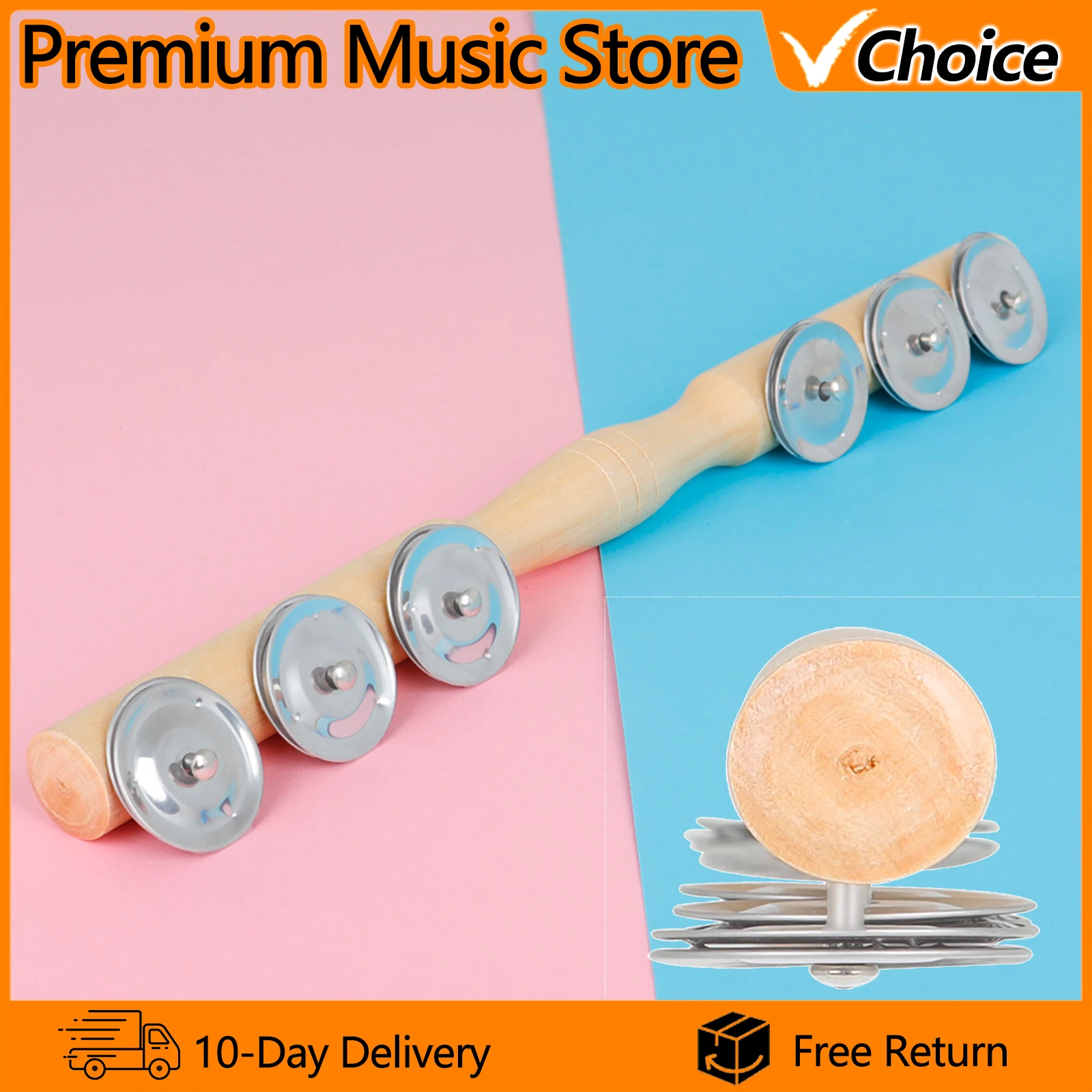 Wooden Jingle Stick with 6 Stainless Steel Jingles Shake & Tap Safe Smooth Stick Professional Percussion Instrument for All Ages