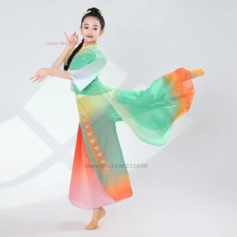 2025年中国風ヴィンテージ子供ダンス衣装蝶プリントグラデーションカラー漢服トップス+パンツセットステージパフォーマンス民族衣装