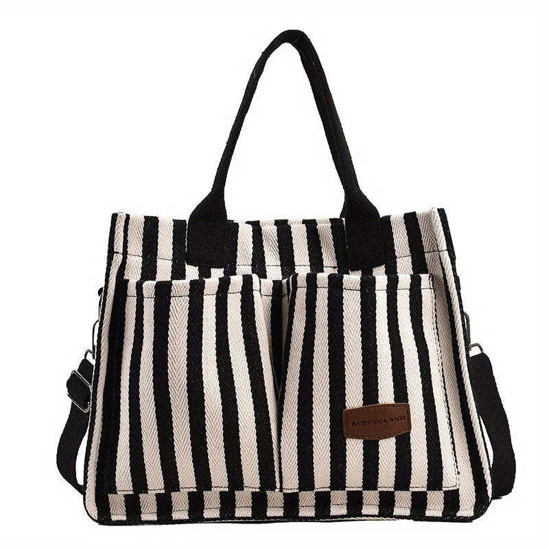 Fashionable Striped Canvas Tote Bag: Perfect for Commuting or Traveling - New Arrival in Women's Handbags