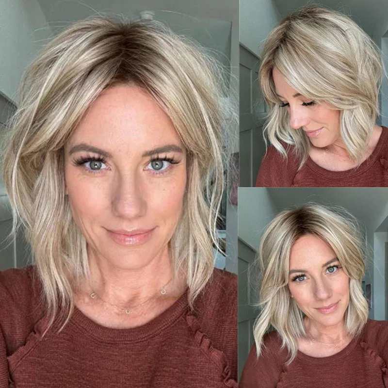 

Short hair wig real HD Lace Frontal Wigs for Women Ombre Golden Blonde Highlights Woman Bob Wig Trending hair 13x4 Synthetic Wig