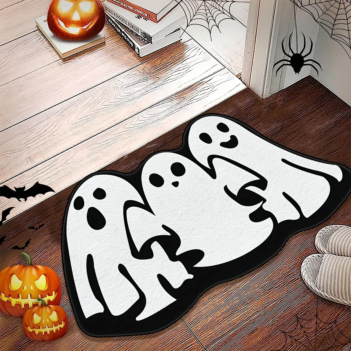 Halloween Holiday Bathroom Carpet with 3 Cute Ghosts, Waterproof and Easy To Clean, Suitable for Bathroom Doors and Bathtubs