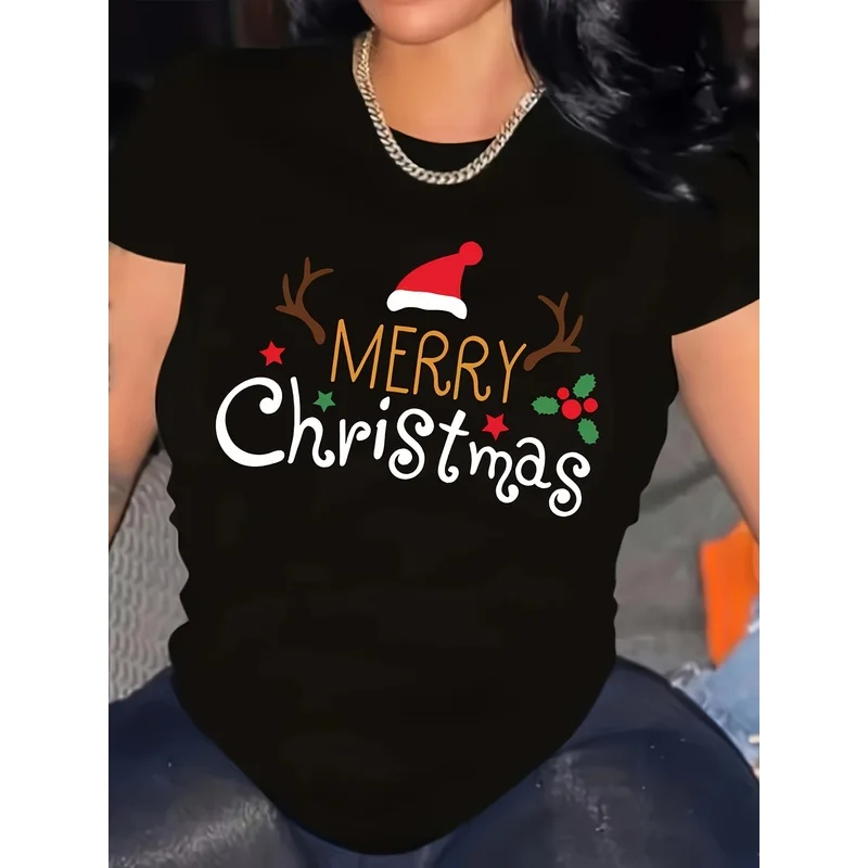 Women's Round Neck Short Sleeve T-Shirt, Merry Christmas Santa Hat Antler Holly Star Graphic Casual Tops