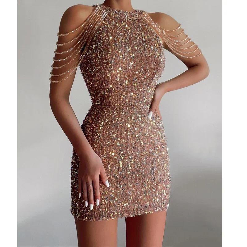 MOONBIFFY Off Shoulder Women Gold Sequin Short Dresses for Party Bodycon Dress Ladies Sexy shimmer Glitter Evening Dress