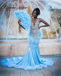 Ice Princess Blue Velvet Feathers Rhinestone Prom Dress Blackgirls Mermaid Dresses For Special Occasions Party Gowns Customized