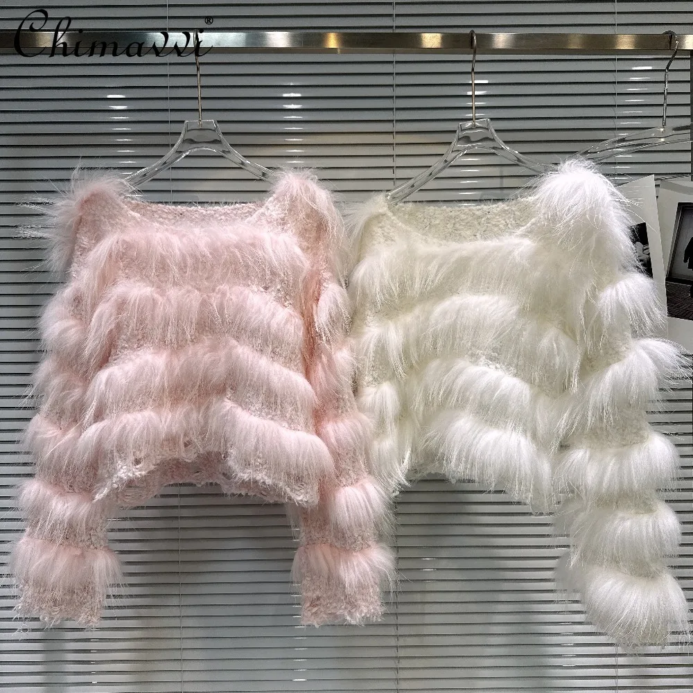 

2025 Winter Sweet Elegant Women's Plush Patchwork Pullover Round Neck Long Sleeve Loose Lazy Casual Knitted Sweater for Women